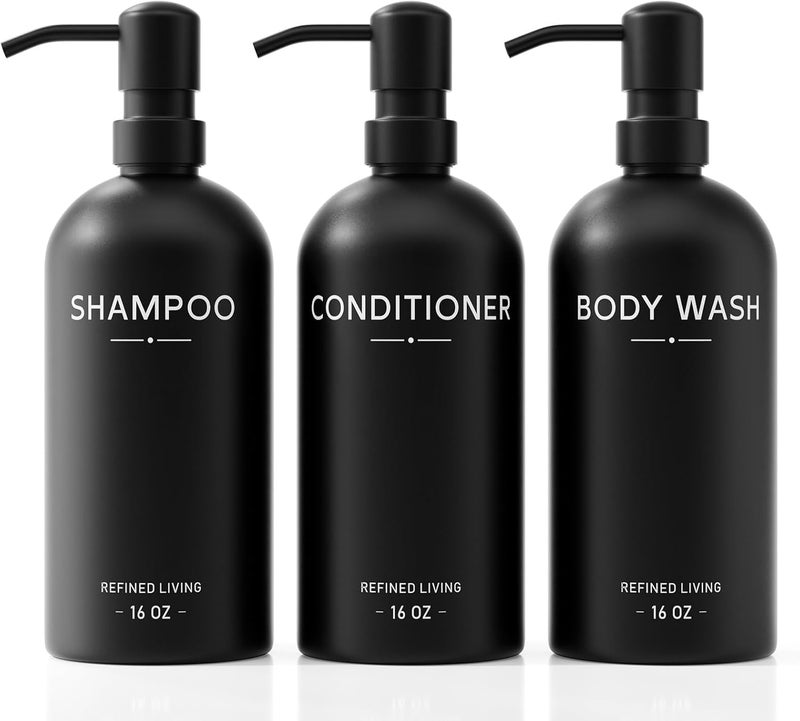 Aeakey Shampoo and Conditioner Dispenser Set,3 Refillable 16oz Bottles with Stainless Steel Pumps – Shower Soap Dispensers for Bathroom, Hotel or Airbnb (Black, 3-Pack) - Image 1